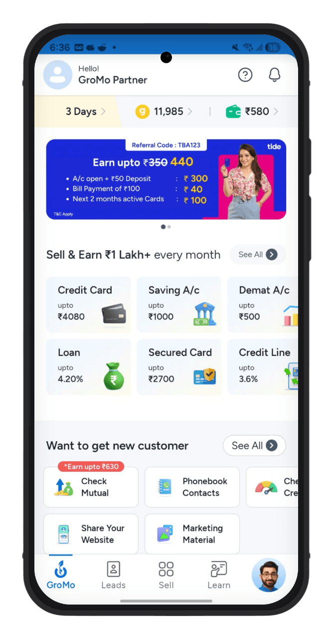 GroMo app preview on an Android phone
