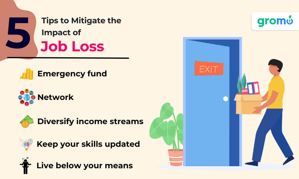 5 Tips to Mitigate the Impact of Job Loss which includes Emergency fund, Network, Diversify Income streams, Keep your skills Updated and Live below your means