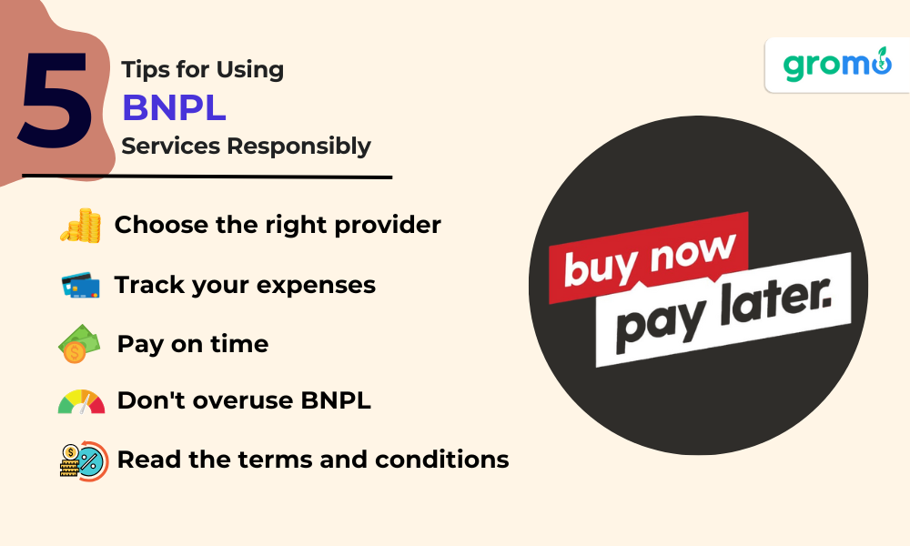 5 Tips for using BNPL Services Responsibly which includes Choose the right provider, Track your expenses, Pay on time and Don't overuse BNPL
