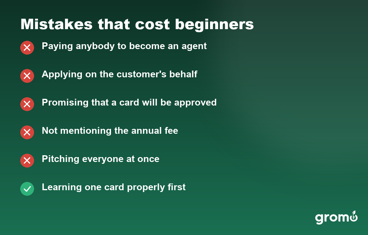 Mistakes card listing paying to join, applying on the customer's behalf, promising approval and hiding the annual fee