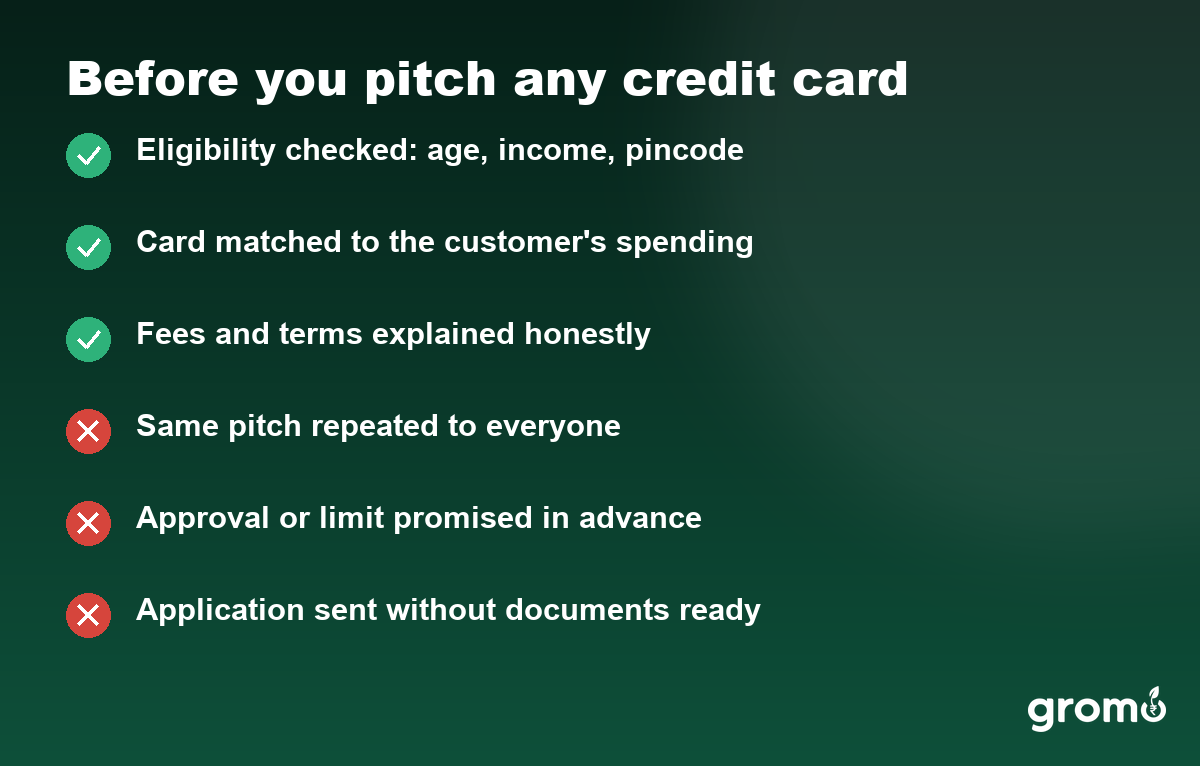 Checklist of things a credit card agent must do and avoid before pitching any card