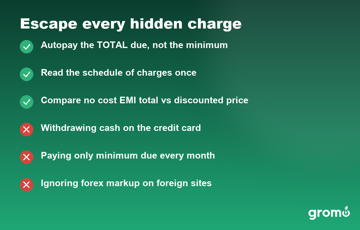 Checklist of habits that avoid credit card hidden charges and the mistakes that trigger them
