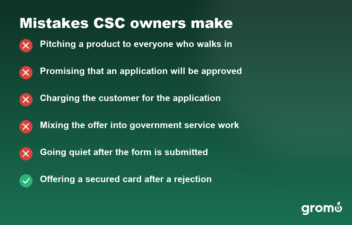 Mistakes card listing pitching to everyone, promising approval, selling on payout instead of fit and going quiet after submission