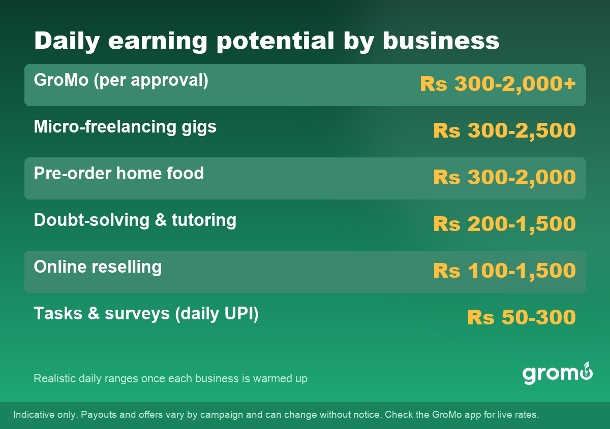 Table of daily earning potential for zero investment businesses in India