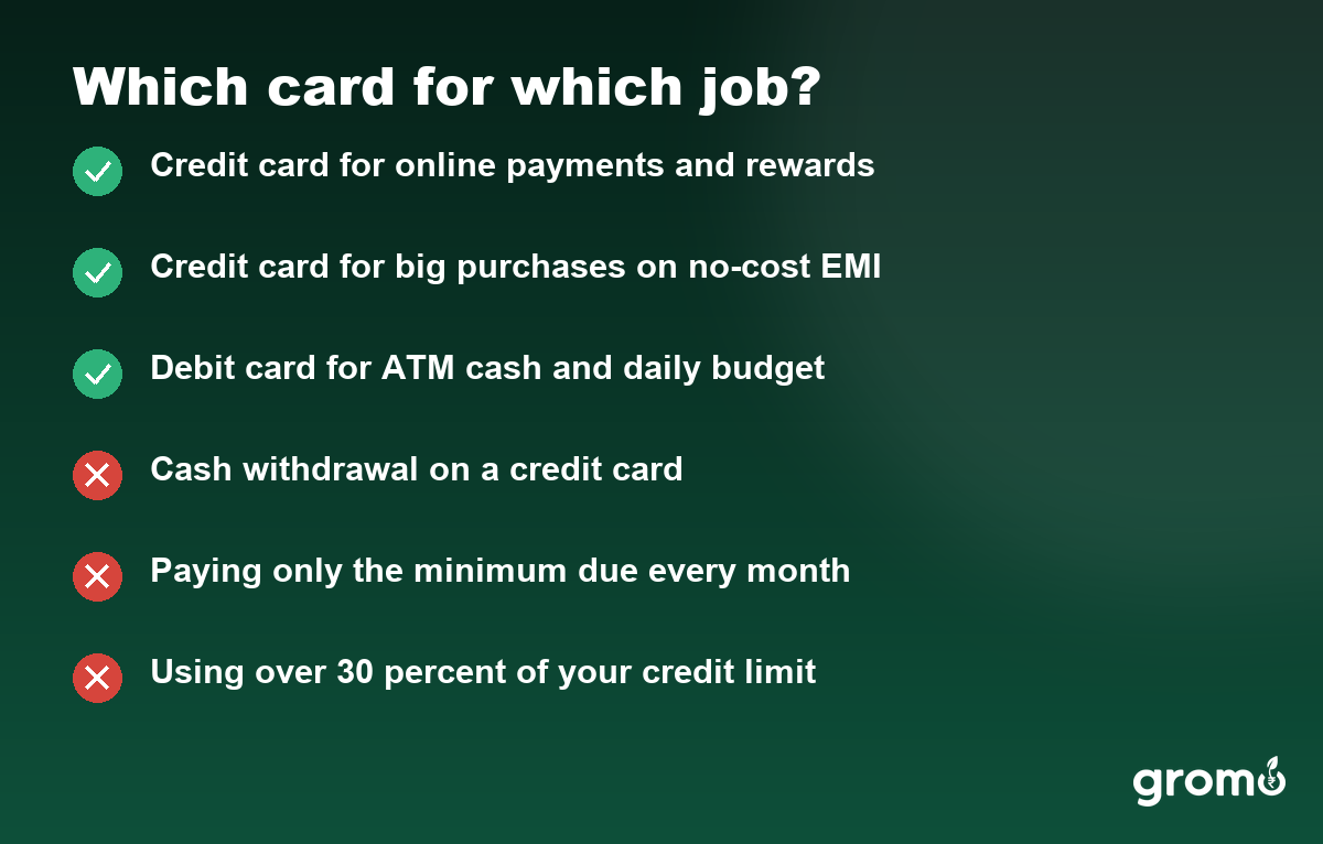 Checklist showing which jobs suit a credit card and which suit a debit card