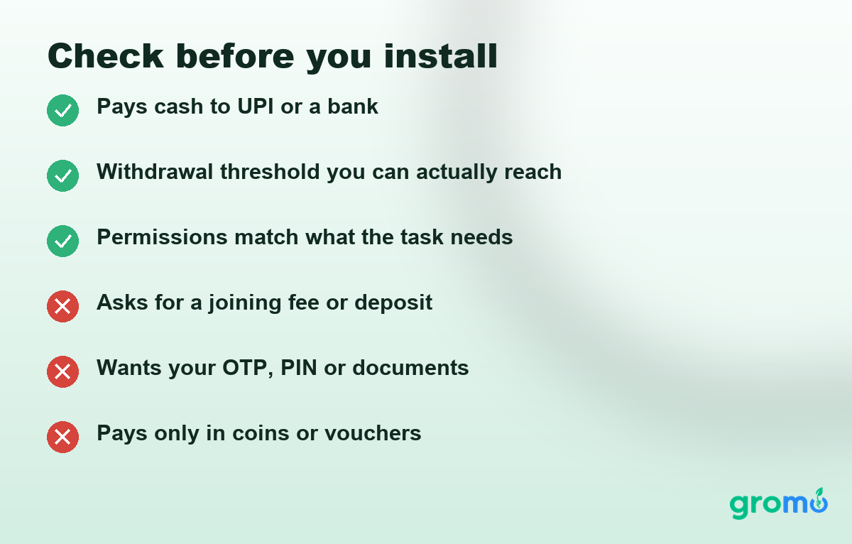 Checklist card showing what to check before installing an earning app: payment currency, withdrawal threshold, whether it asks for money and what data it wants