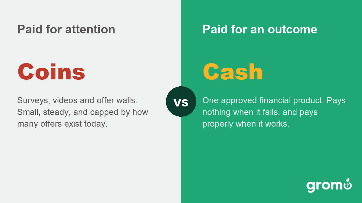 Comparison card contrasting an app that pays per approved outcome with an app that pays for attention in coins