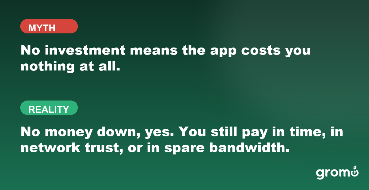 Myth versus fact card explaining that a no investment earning app costs nothing in money but does cost time, network or data