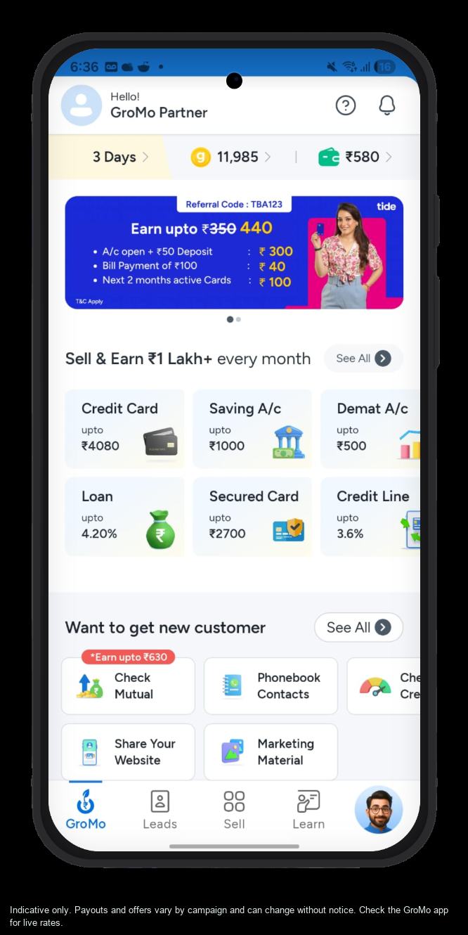 Screens from the GroMo partner app showing the product catalogue and the commission wallet