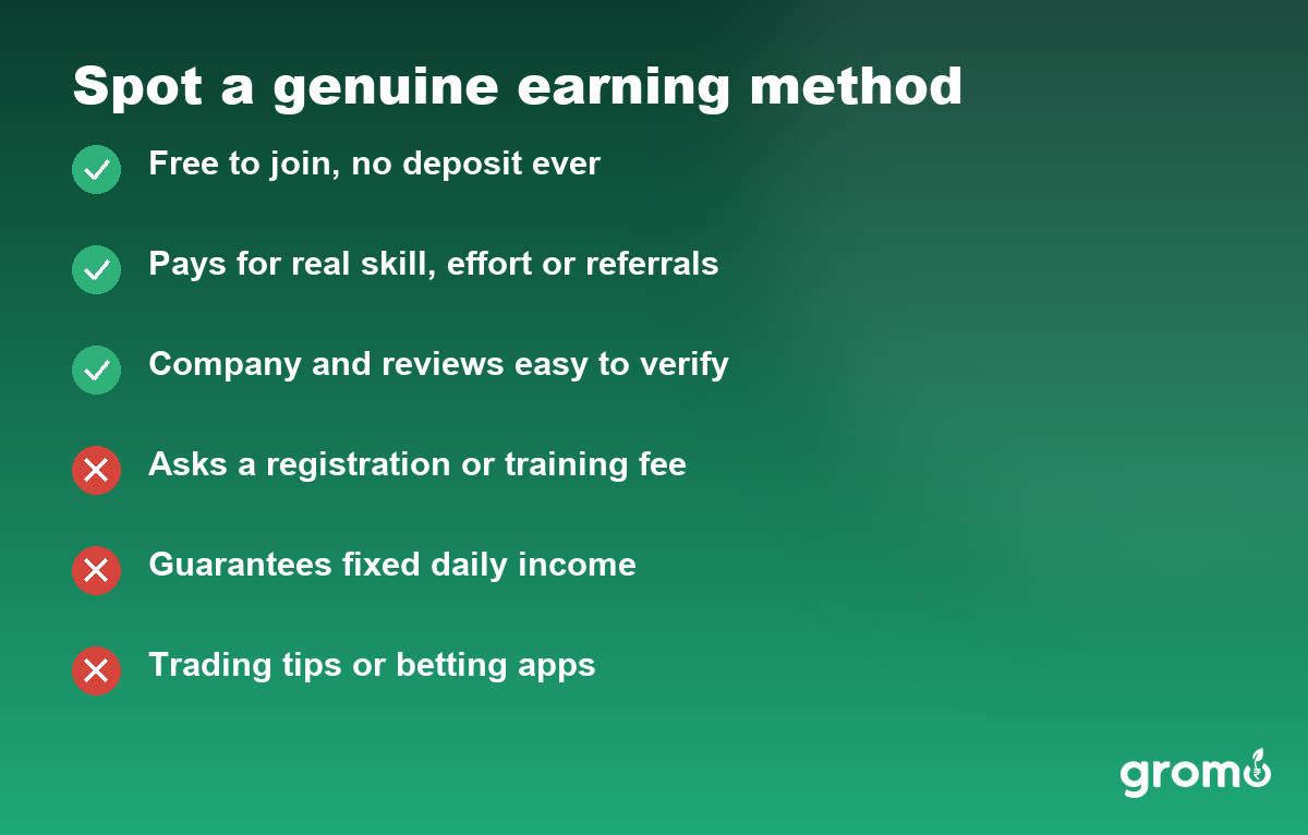 Checklist to spot a genuine online earning method and avoid pay-to-earn scams