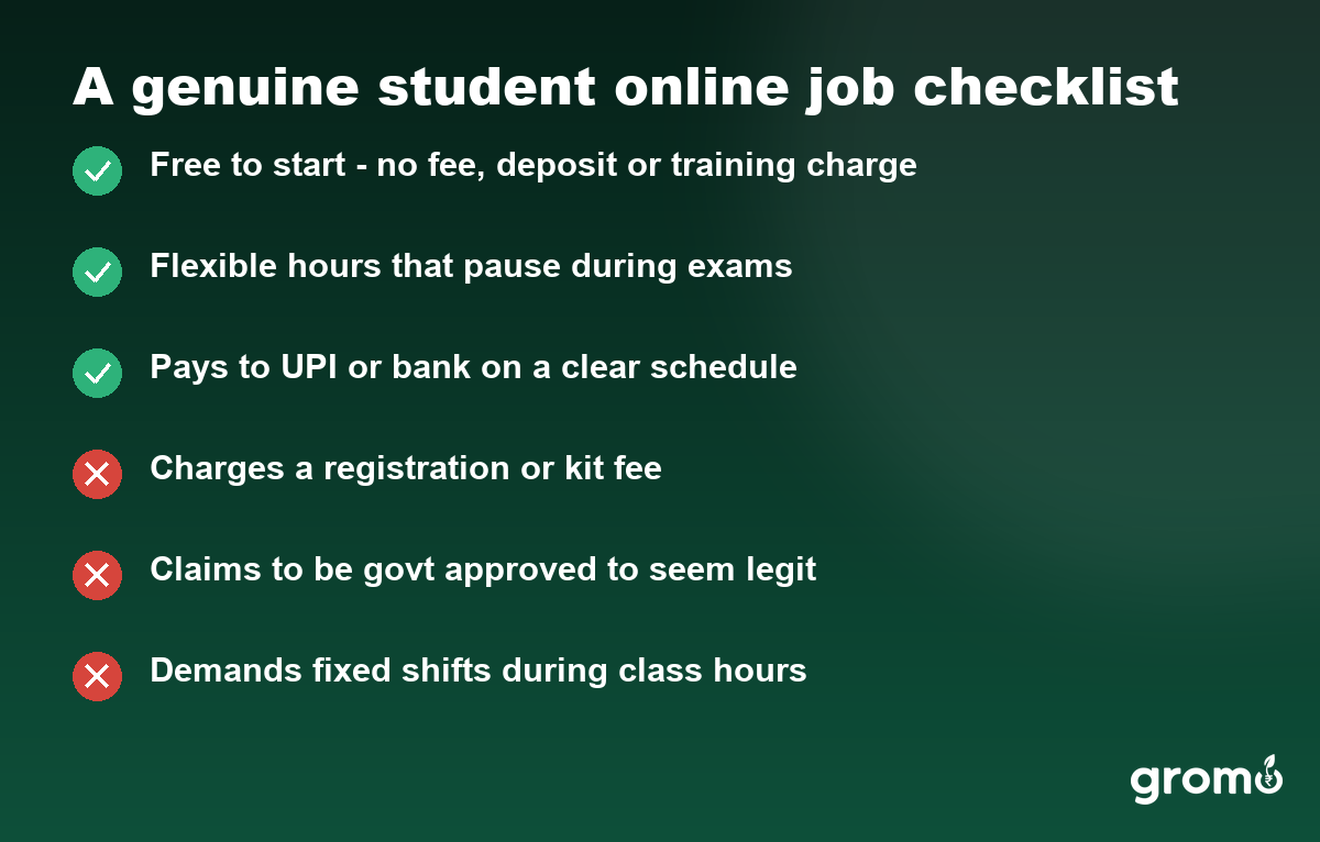 Checklist for spotting genuine online part time jobs for students and avoiding fee scams