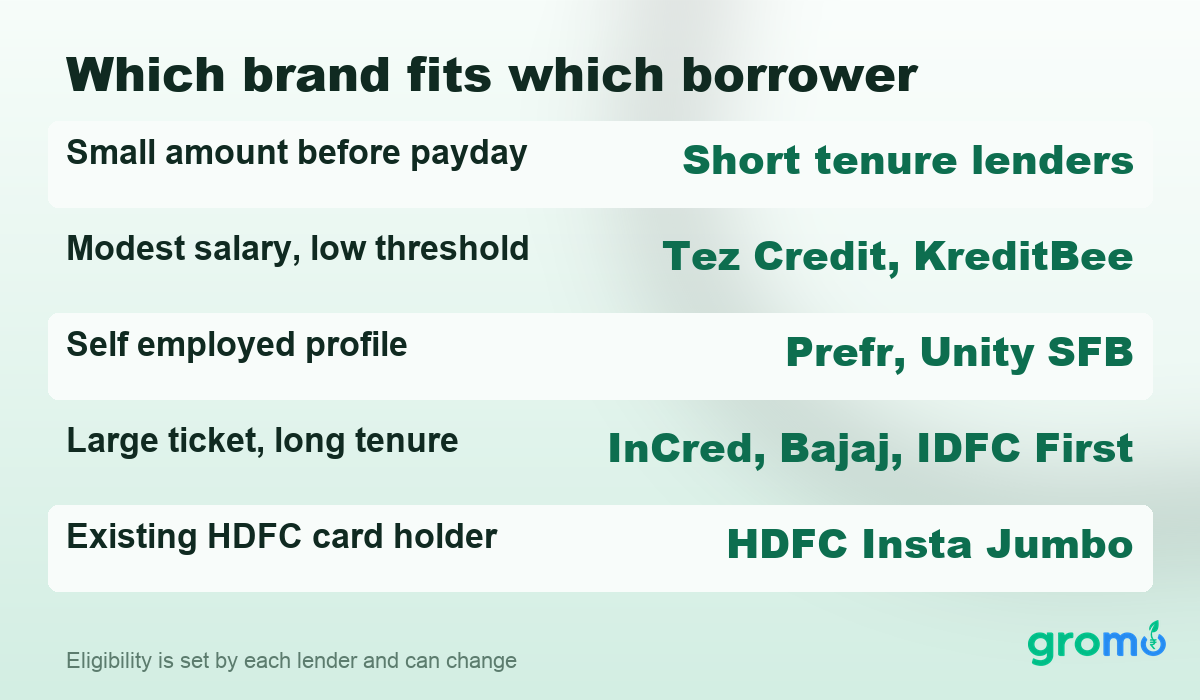 Table showing personal loan brands that suit self employed borrowers, modest salaries and large tickets