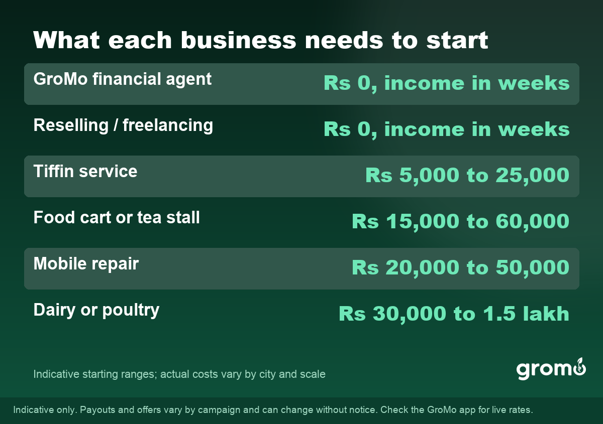Table of starting investment and time to income for popular small business ideas in India