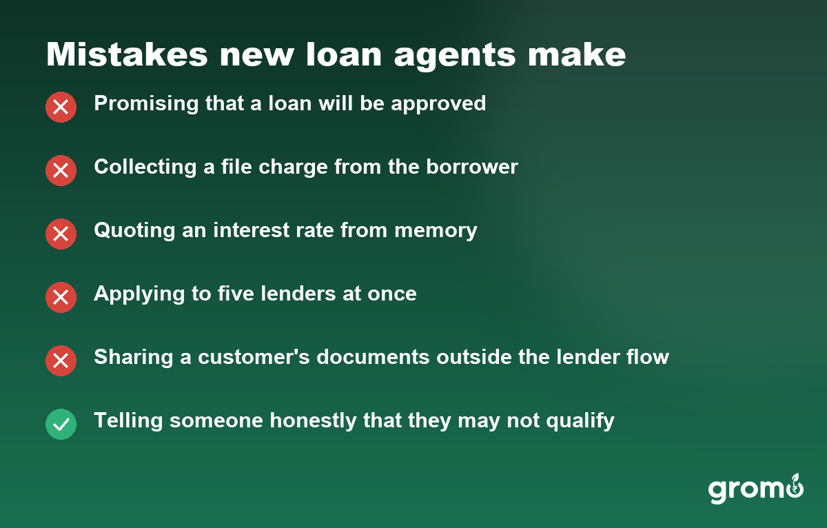 Mistakes card listing promised approvals, cash collection, multiple simultaneous applications and document sharing as errors new loan agents make