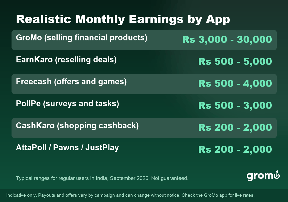 Realistic monthly earnings from real cash earning apps in India