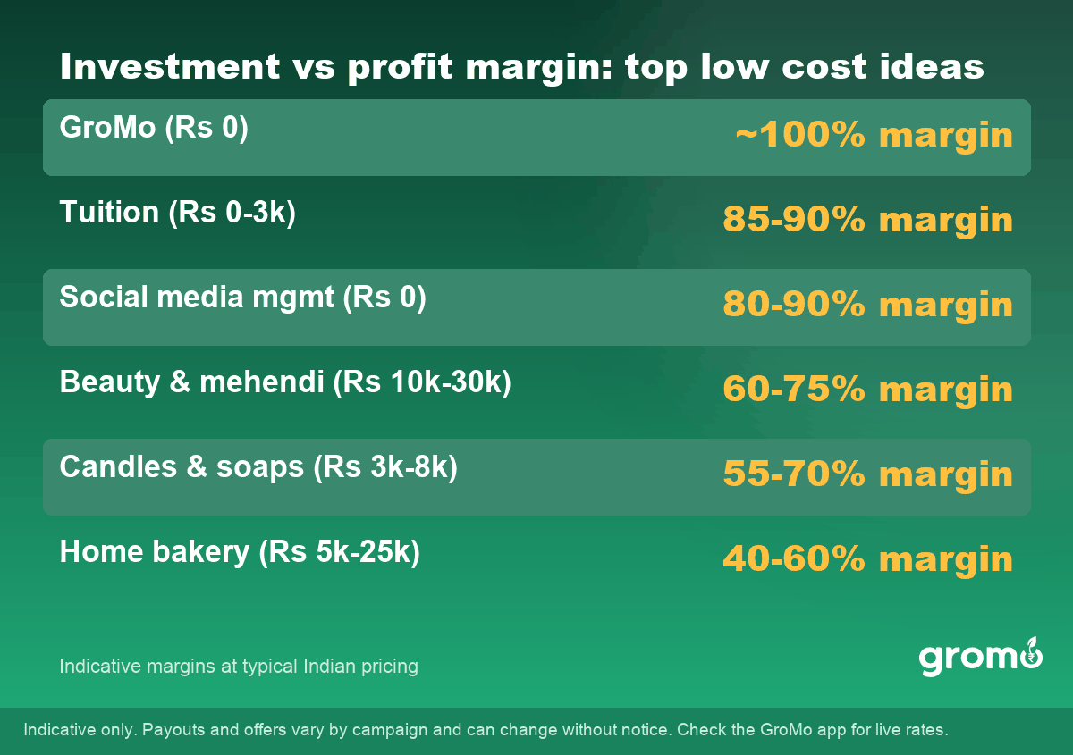 Table comparing investment and profit margins of low cost business ideas in India