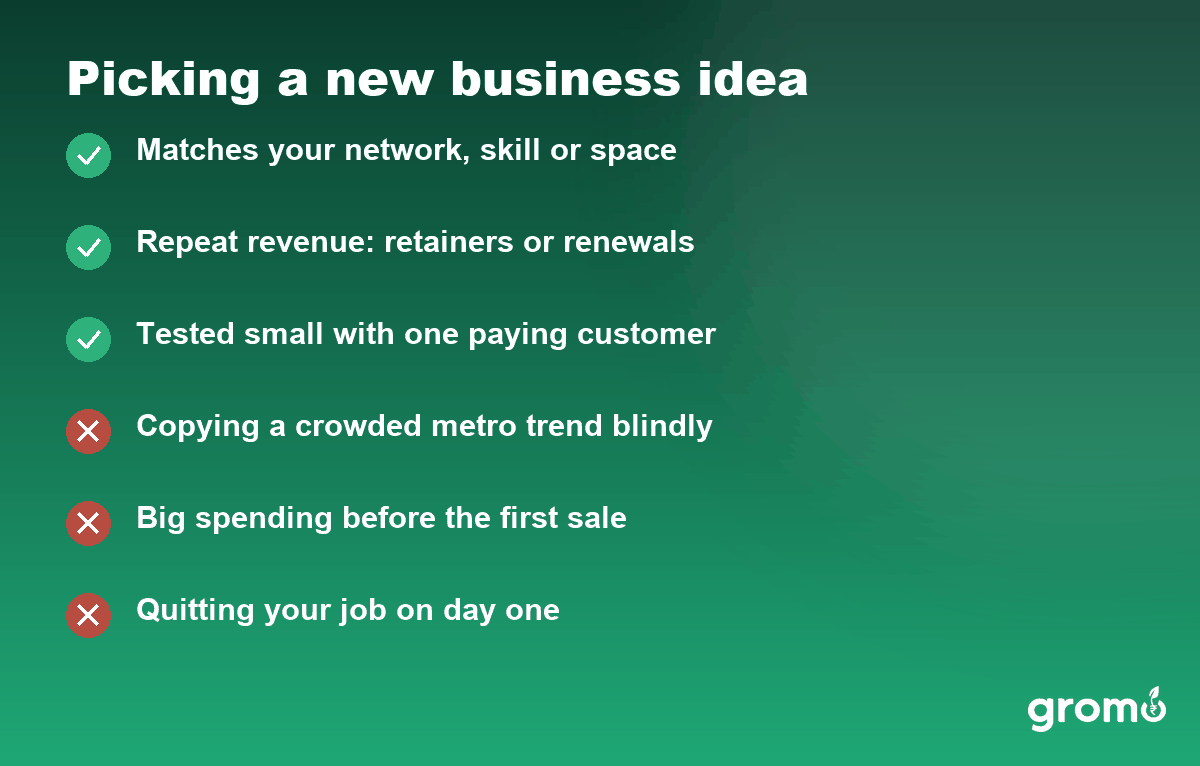 Checklist of what makes a new business idea worth starting and the mistakes to avoid
