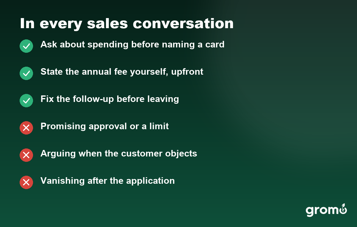 Checklist of habits to keep and avoid in every credit card sales conversation
