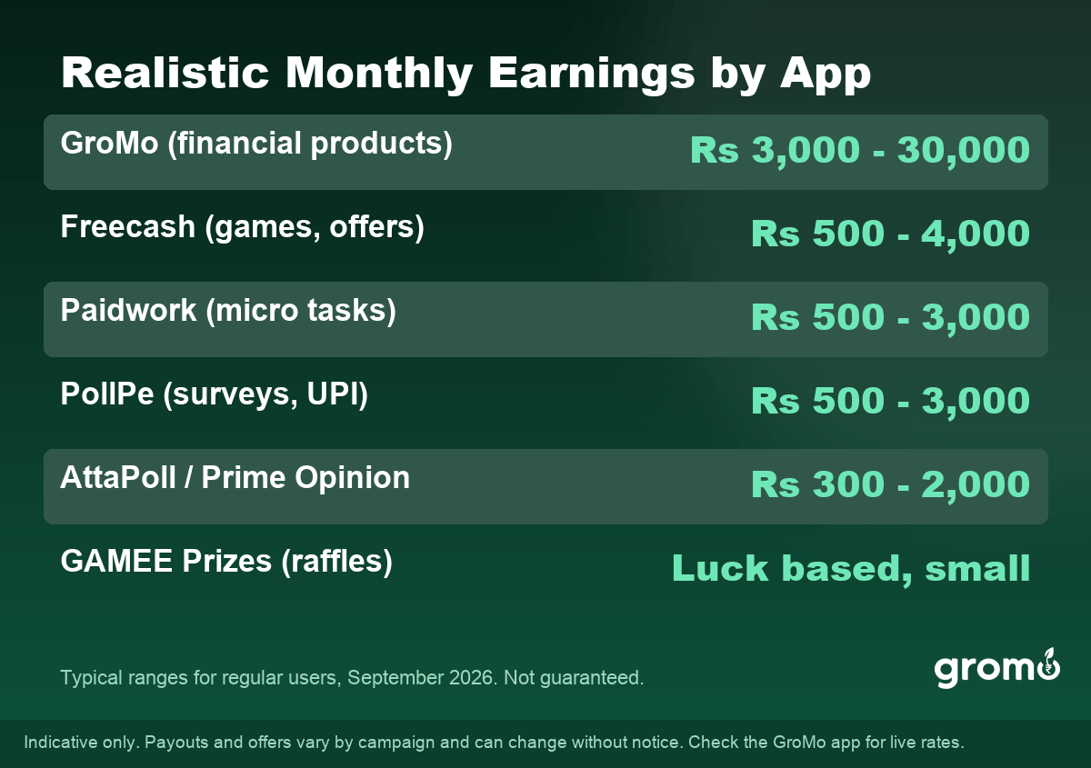 Realistic monthly earnings from real money earning apps in India 2026