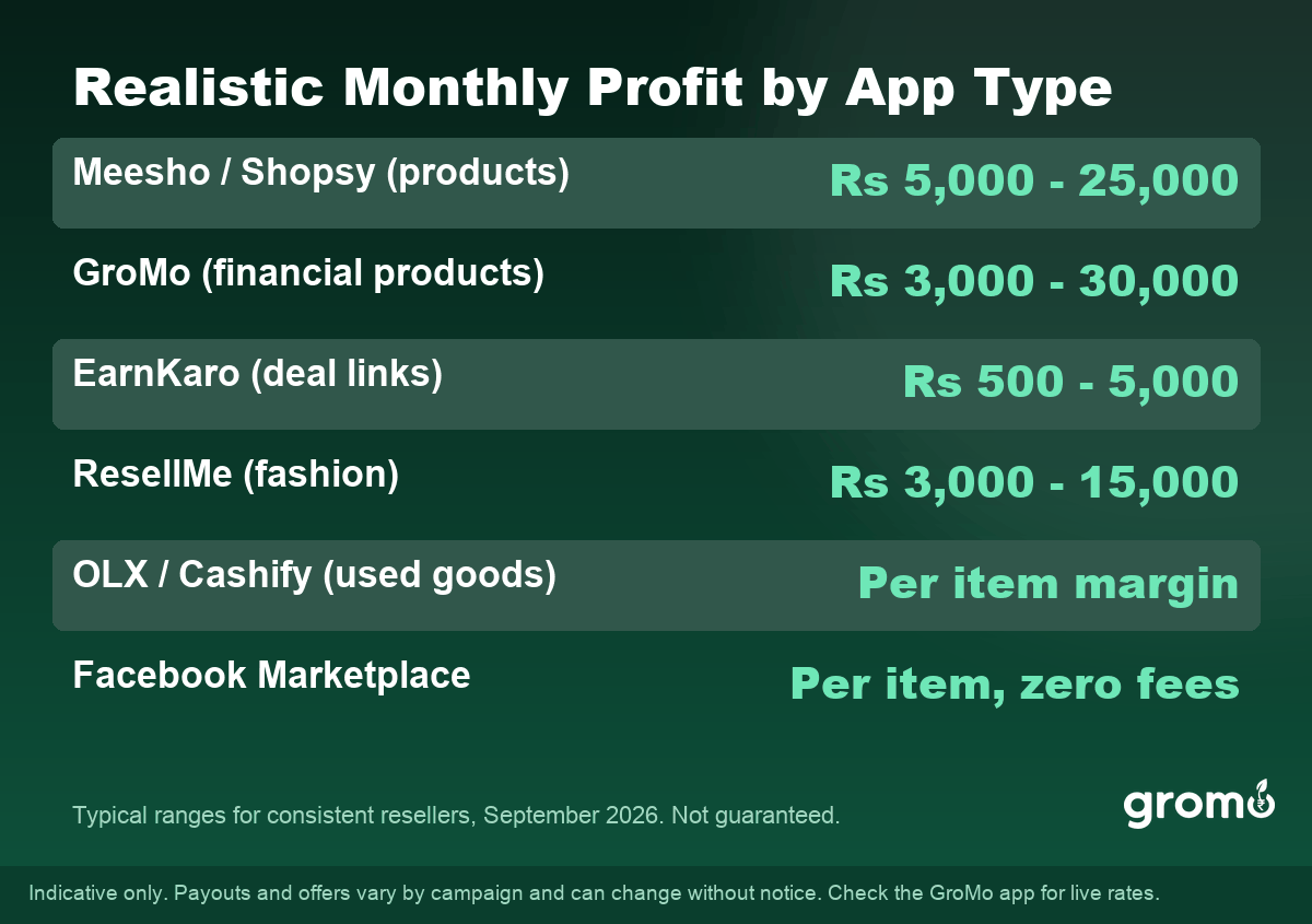 Realistic monthly profit ranges by reselling app type in India