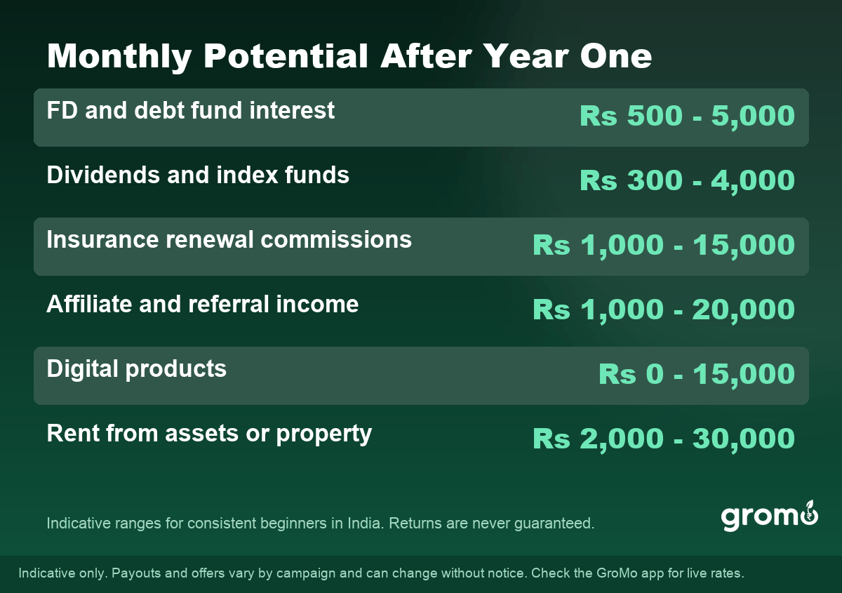Realistic monthly residual income potential by method in India after year one