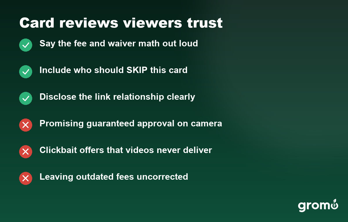 What makes credit card review videos trustworthy versus channel-killing