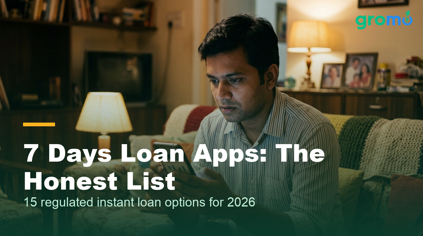 Indian man carefully comparing 7 days loan apps and instant loan options on his phone