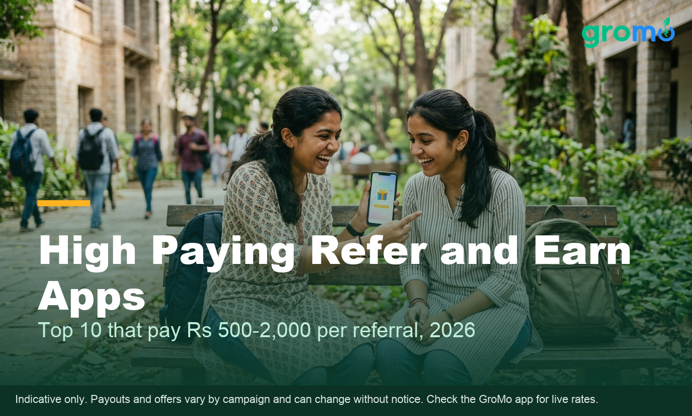 Indian friends celebrating a high paying refer and earn reward on a smartphone