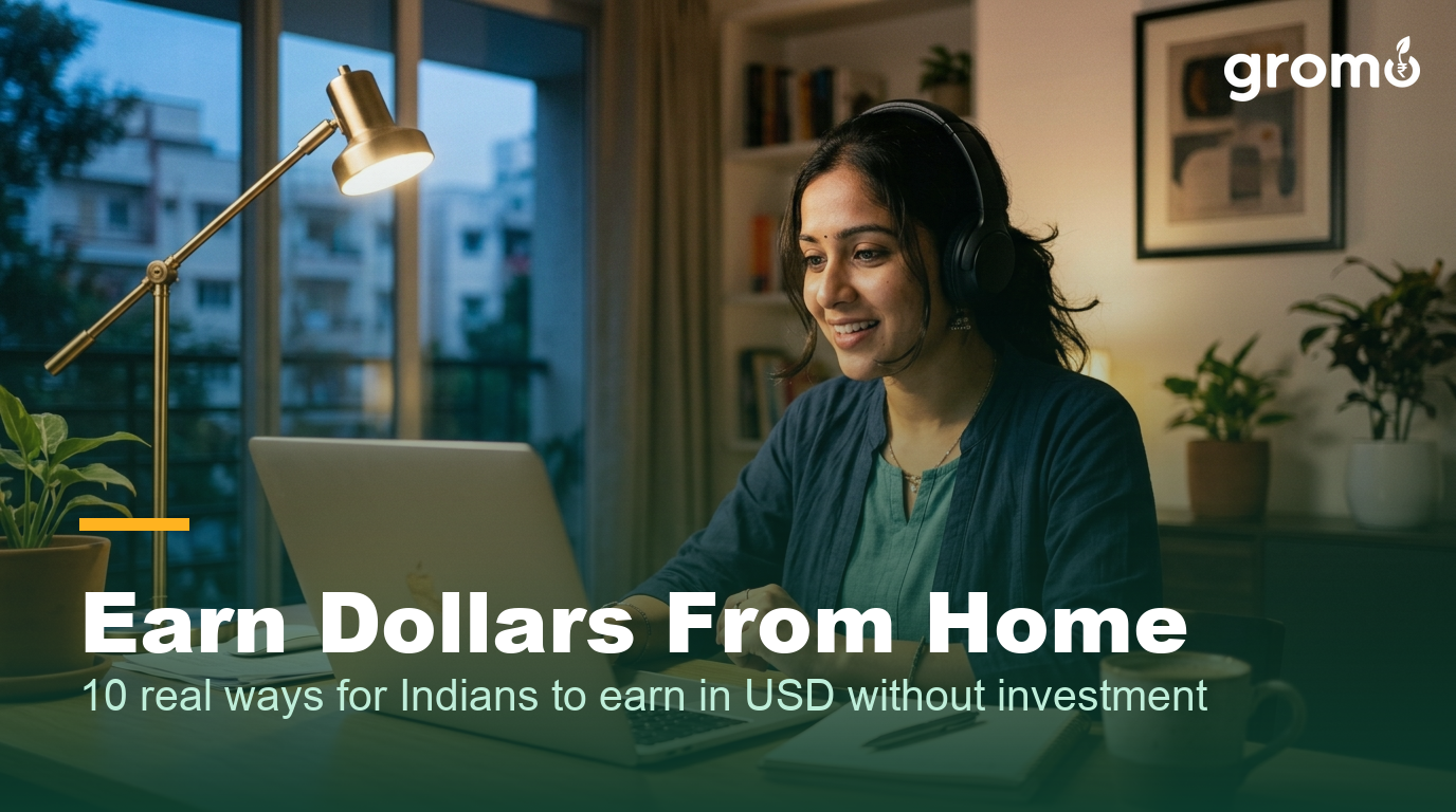 Indian woman earning dollars from home on a video call at her desk