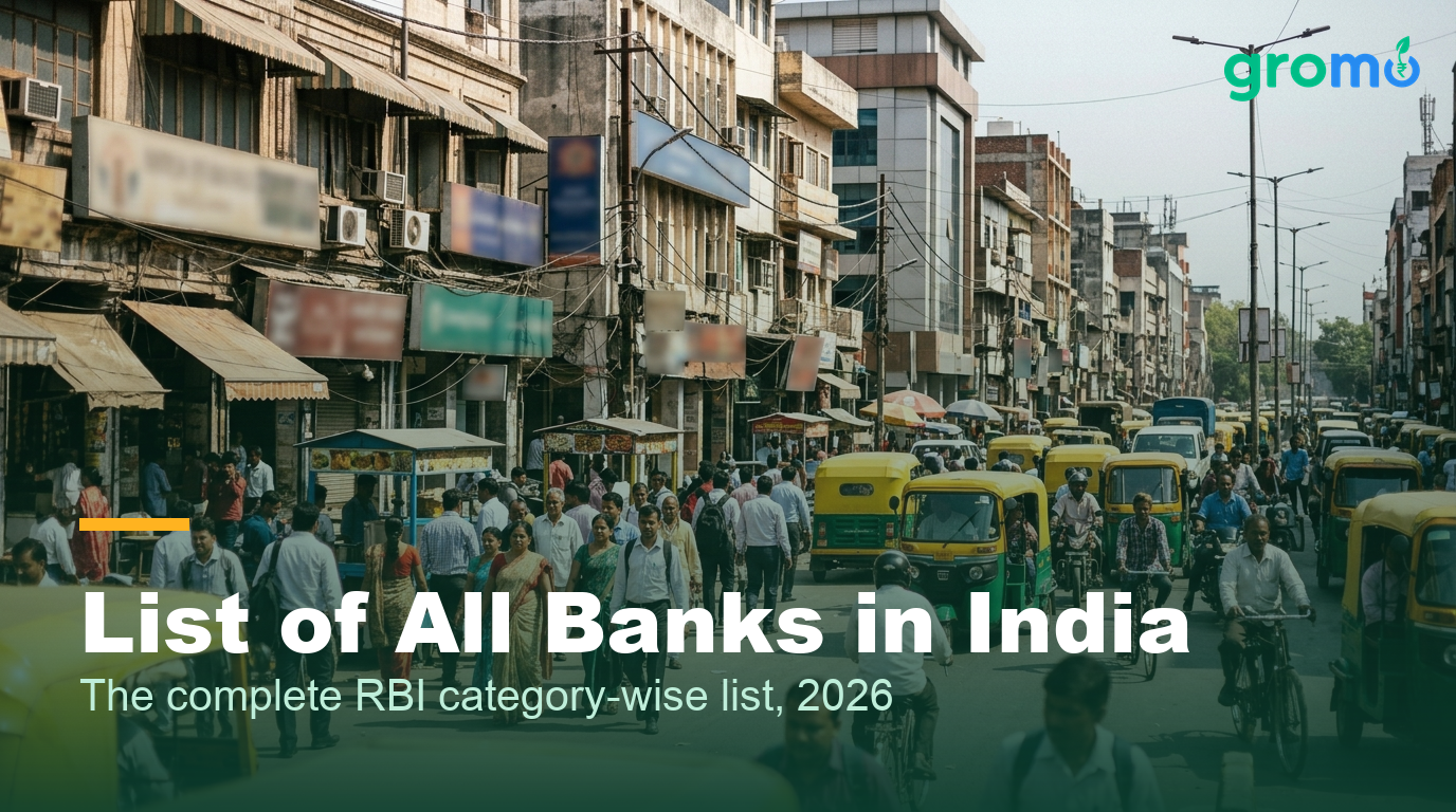 Indian banking street with multiple bank branches representing the list of all banks in India