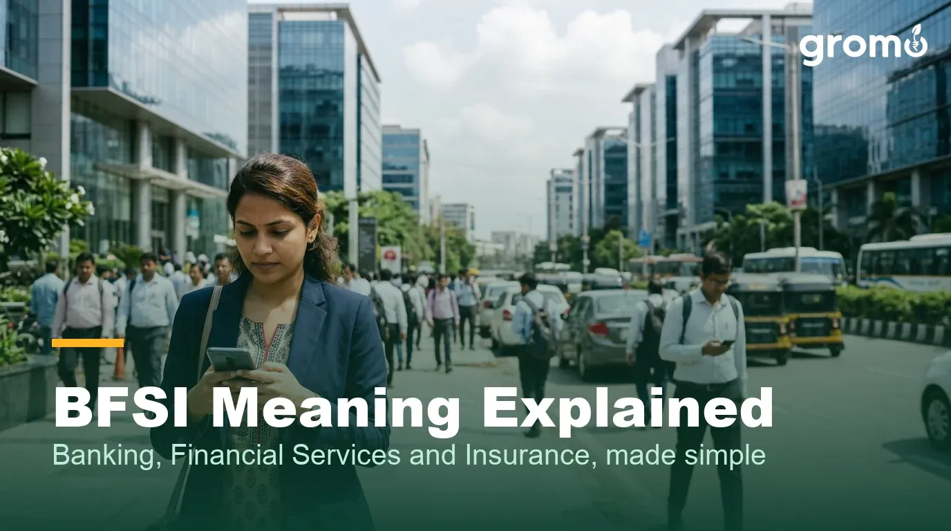 Indian financial district with a professional using a banking app, representing the BFSI sector