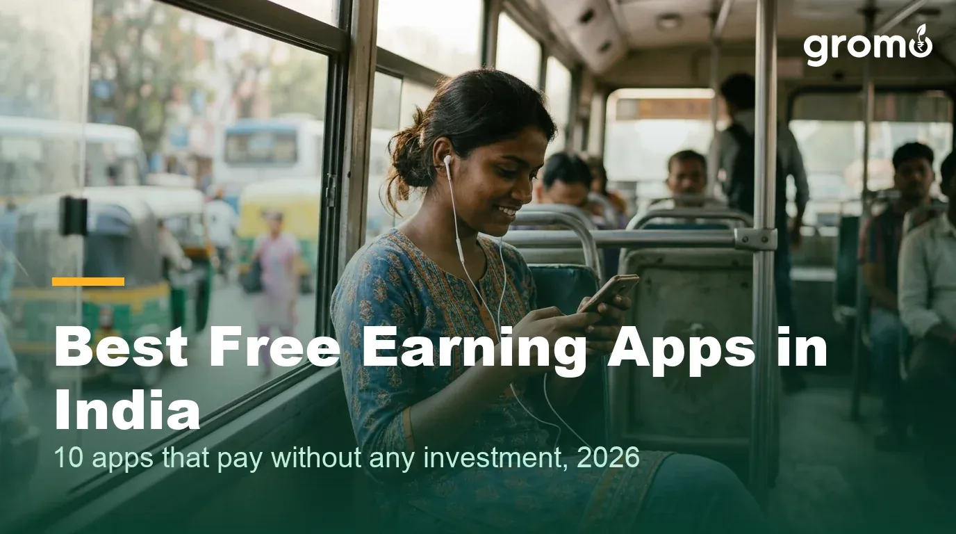 Indian student using a free earning app on her phone during a bus ride