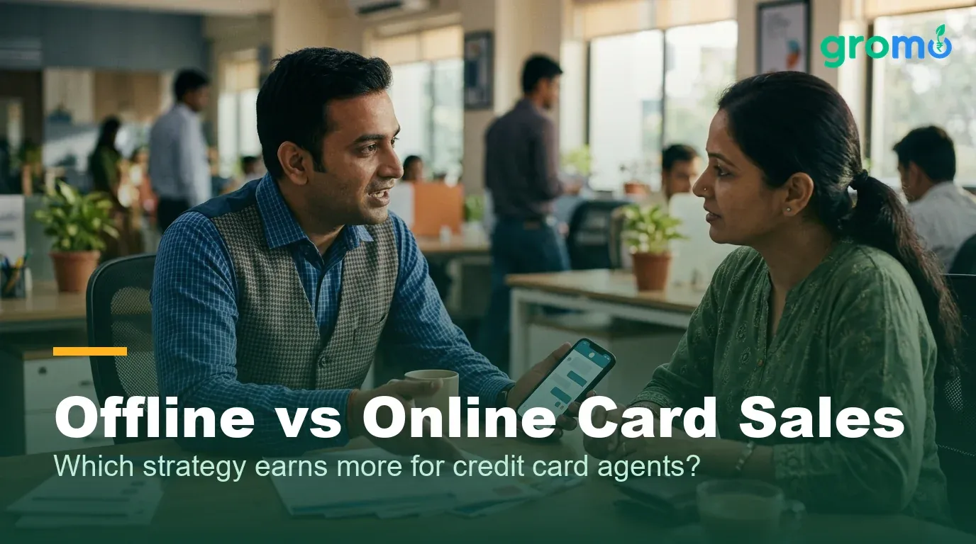 Indian credit card agent balancing offline customer meetings and online selling on his phone