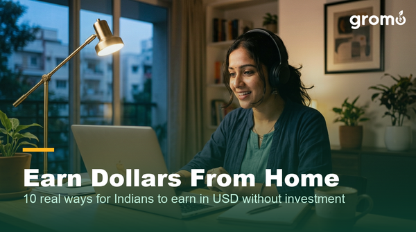 Indian woman earning dollars from home on a video call at her desk