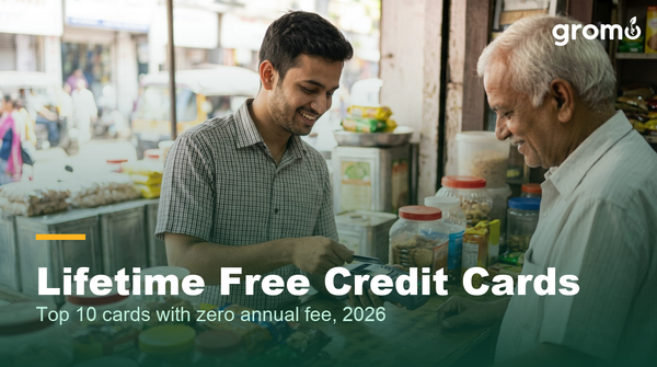 Indian man paying with a lifetime free credit card at a local shop
