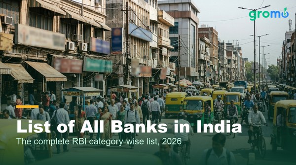 Indian banking street with multiple bank branches representing the list of all banks in India