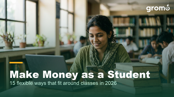 Indian college student earning money online between classes in the campus library