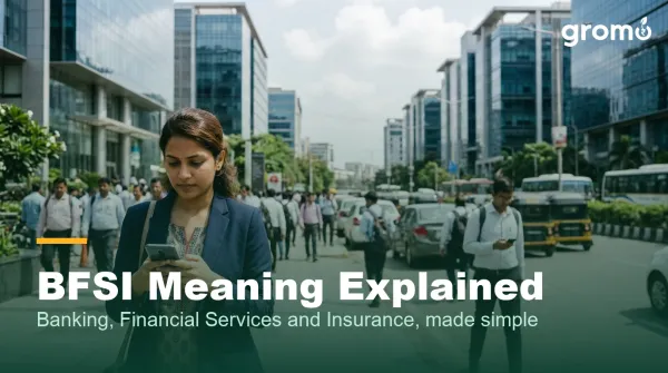 Indian financial district with a professional using a banking app, representing the BFSI sector