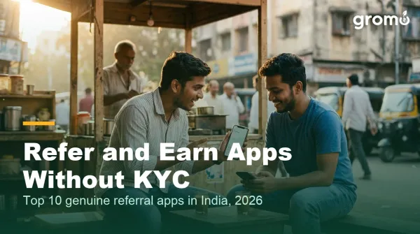 Indian friends sharing a refer and earn app link on their phones at a tea stall