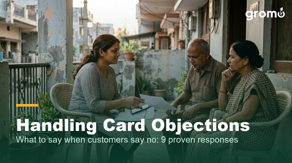 Indian agent patiently handling a customer couple's objections about credit cards